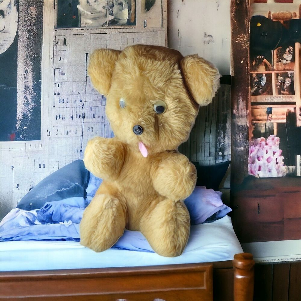 Vintage 13" Tan Teddy Bear - GOOGLY EYES - Tongue Sticking Out